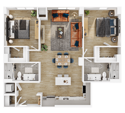 Floor plan for 2 beds, 2 baths, 1104 sqft